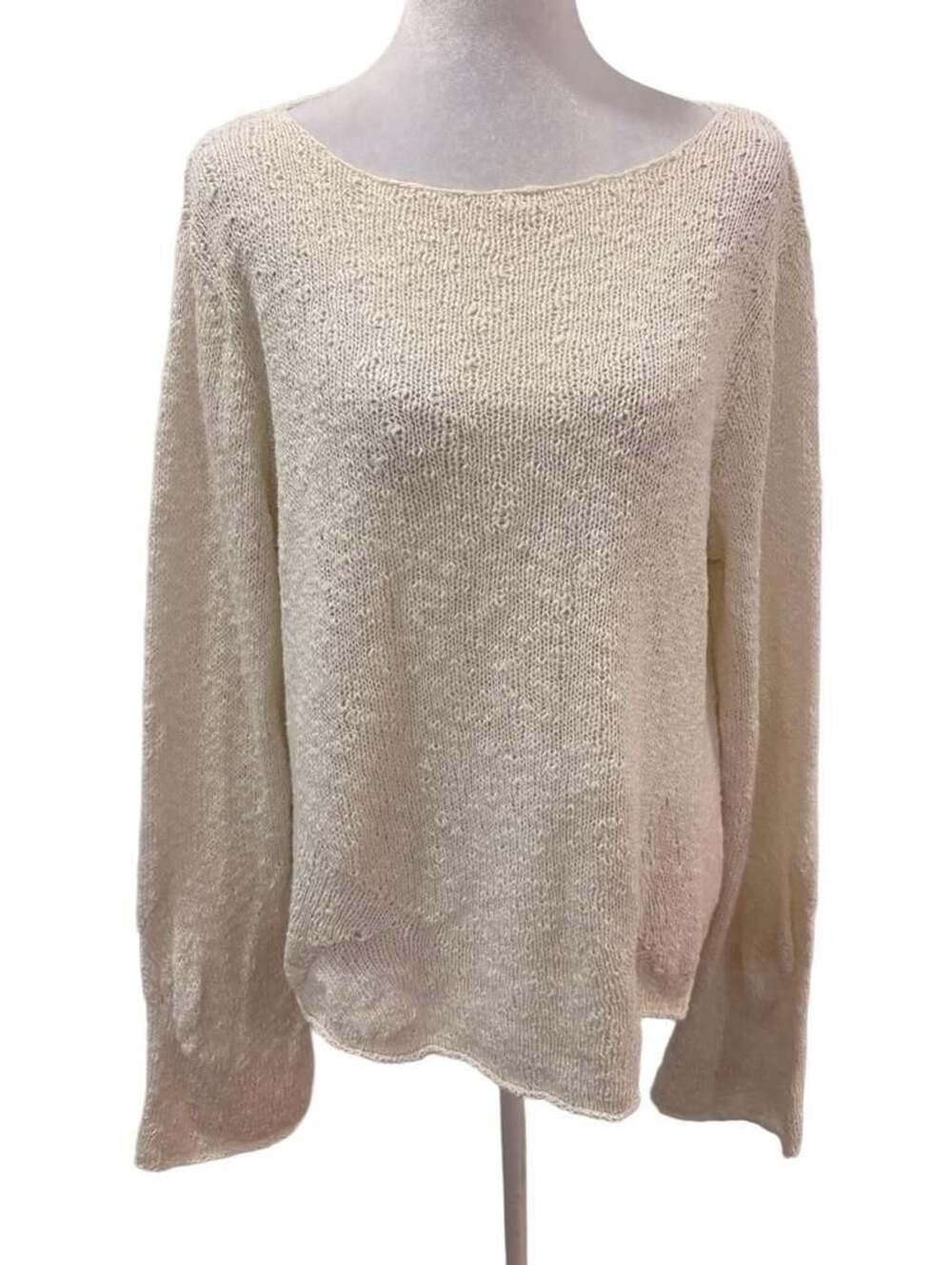 Eileen Fisher Ivory Open-Knit Scoop Neck Bell Sleeve Sweater Cotton Blend PL